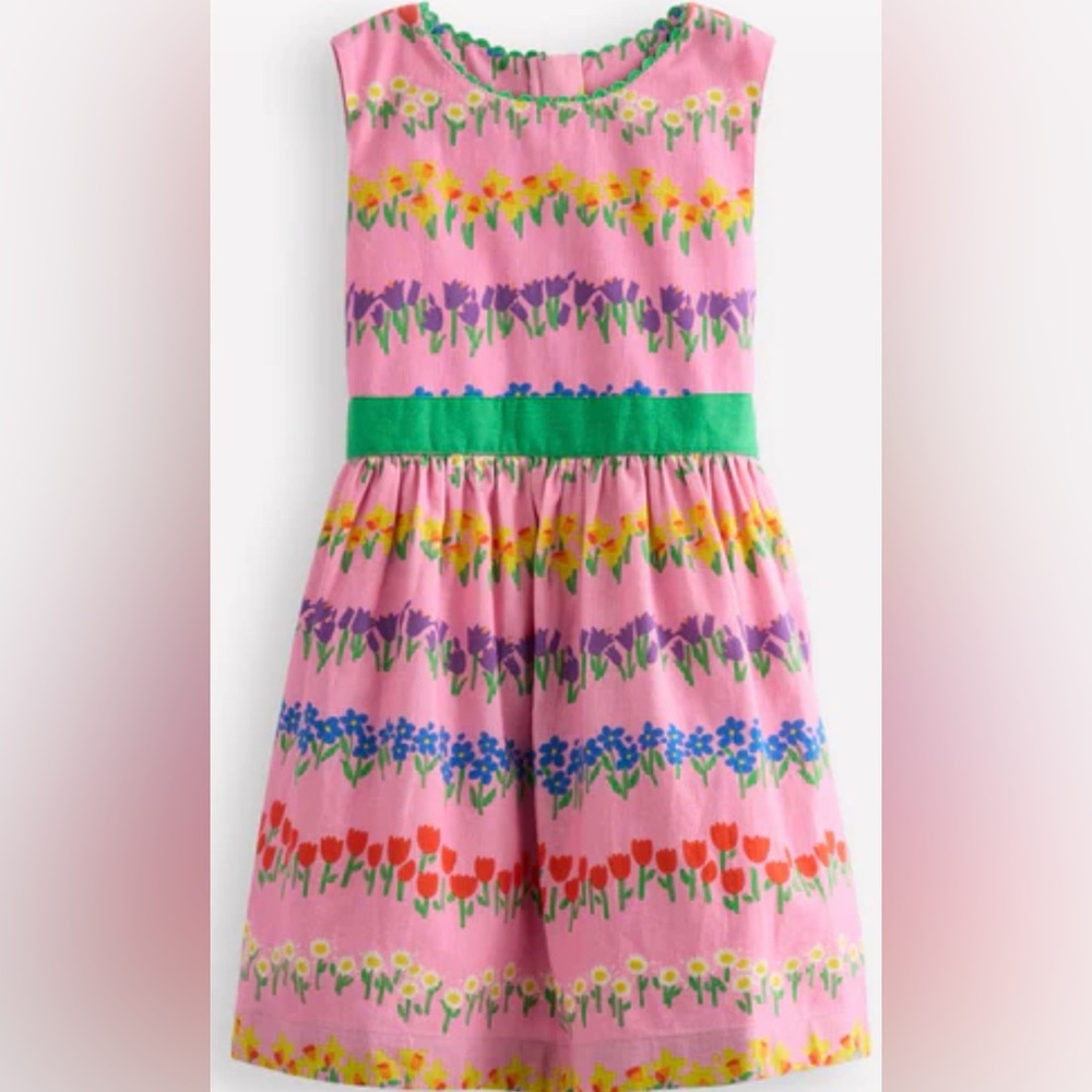 Mini Boden Cotton Linen Pink Dress with Floral Stripes, gorgeous!